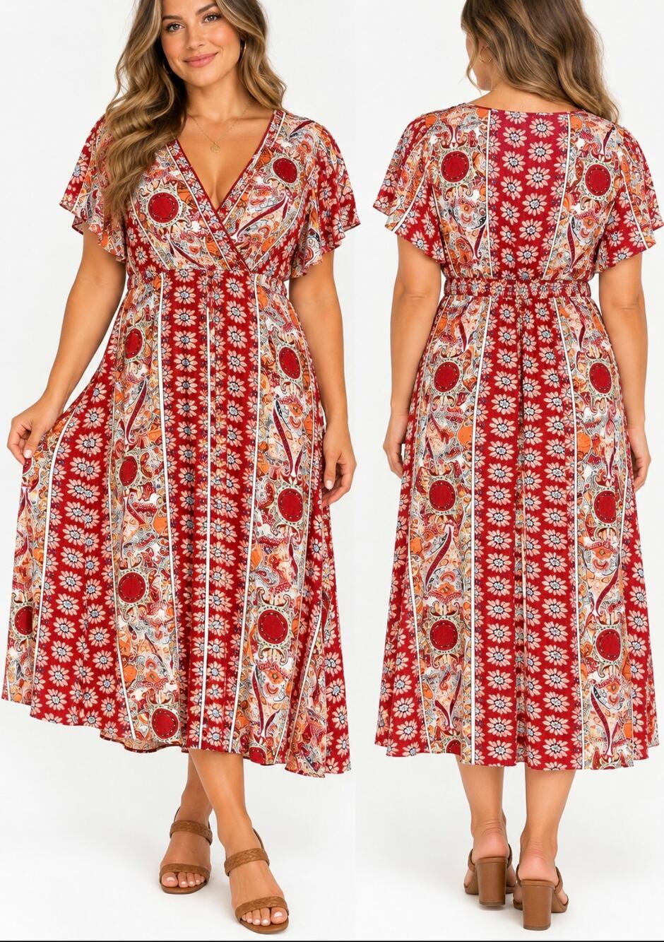 Boho Paisley Floral Print Midi Dress Size Large Burgundy Flutter Sleeve
